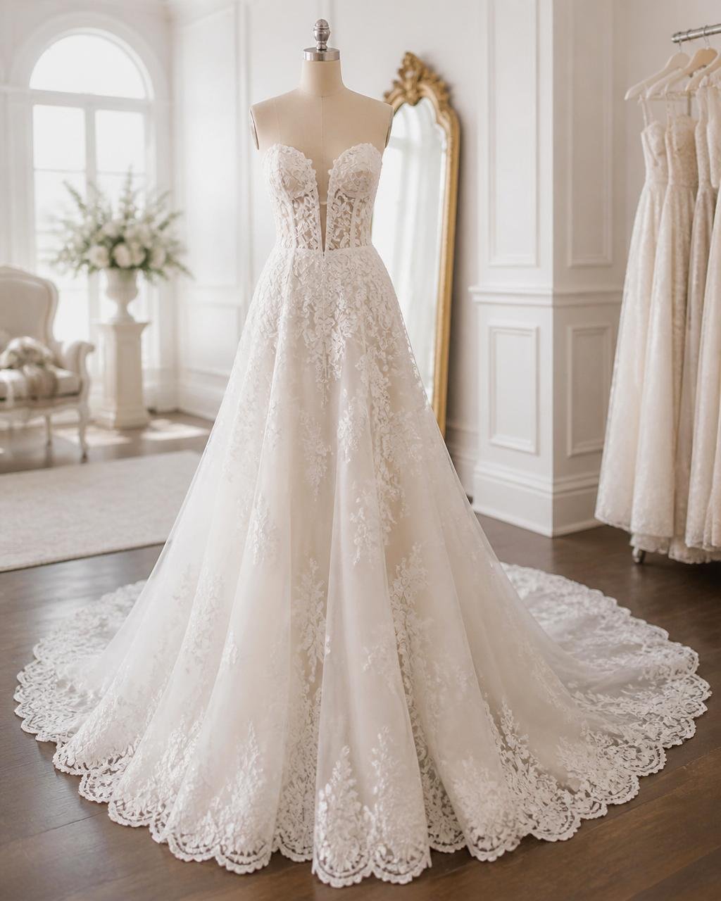 Pearl-white lace wedding dress with train